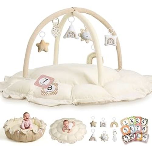 5-in-1 Thick & Plush Baby Play Gym, Baby Play Mats for Floor, Tummy Time Mat with 6 Toys, Convertible Stage-Based Developmental from Babies to Toddlers, No Ball Included, Cream