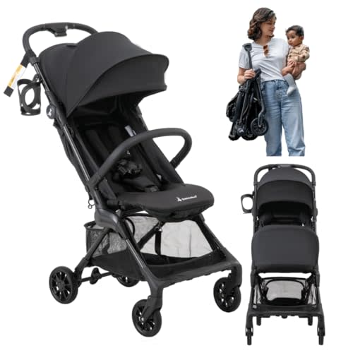 BabbleRoo Hoplite Compact Stroller – Lightweight Travel Stroller for Airplane (12.3 lbs), from Birth to 55 lbs, Easy Fold, PU Wheels, Alloy Frame, Near-Flat Recline, Cup Holder, Baby Stroller