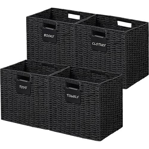 UBBCARE 4 Pack Wicker Basket, 10.5×10.5 Storage Cubes with Label, Foldable Cube Storage Bin with Handle, Square Storage Basket for Shelves, Woven Paper Rope Basket for Organizing, Black