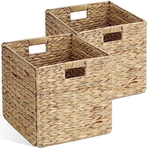 2 Pack Water Hyacinth Storage Basket, Wicker Baskets for organizing, Folding Storage Cube Bins, Decorative Seagrass Shelf Basket, Storage Bins for Shelves Organizing or Decor, 11.8“x 11.8”x 11.8“