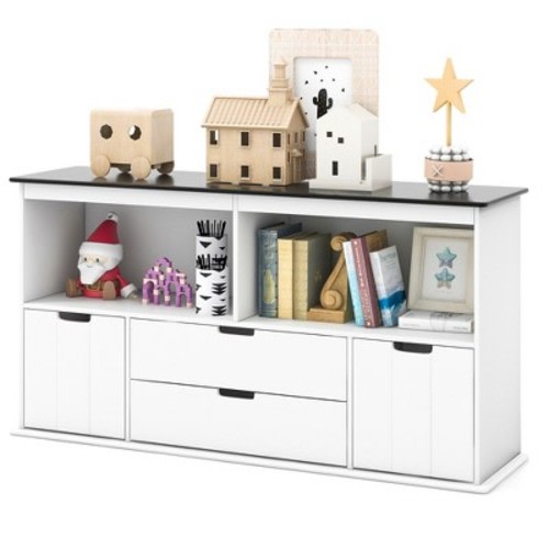 Costway Kids Toy Storage Organizer Wooden Bookshelf Tv Stand With Drawers Blackboard Top