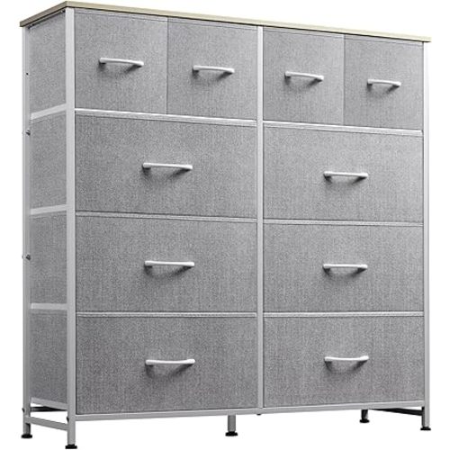WLIVE Fabric Dresser for Bedroom, Dresser with 10 Drawers, Storage Tower with Fabric Bins, Double Dressers, Chest of Drawers for Closet, Living Room, Hallway, Light Grey