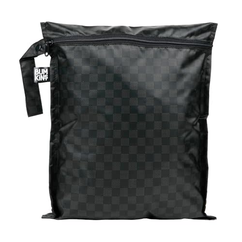 Bumkins Waterproof Wet Bag for Baby, Travel, Swim Suit, Cloth Diapers, Pump Parts, Pool, Gym Clothes, Toiletry, Hook to Stroller, Pack for Daycare, Zipper Reusable Bag, Wetdry Pack Pouch, Black Check