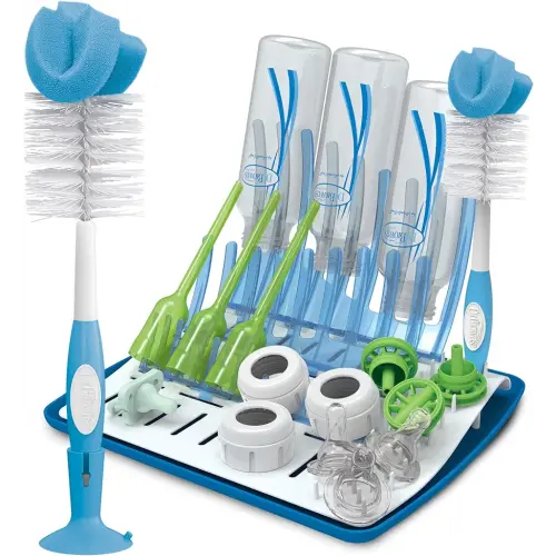 Dr. Brown's Folding Baby Bottle Drying Rack with Reusable Sponge Baby Bottle Cleaning Brush, Scrubber and Nipple Cleaner, Blue