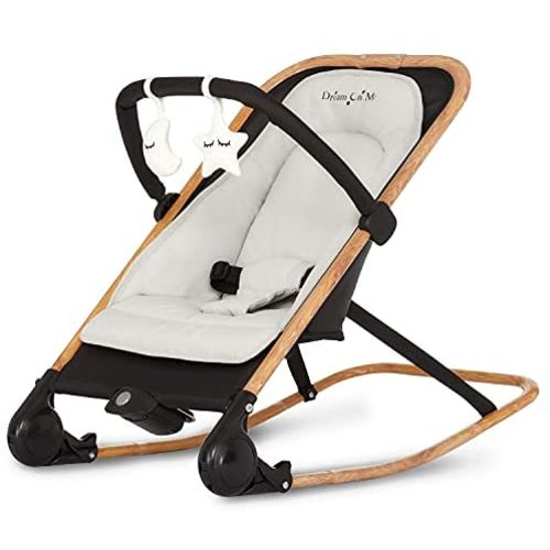 Dream on Me Rock with me 2-in-1 Rocker and Stationary Seat | Compact Portable Infant Rocker with Removable Toys Bar & Hanging Toys in Black & Grey