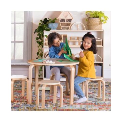 Kids' Nordic Table and Chairs Set - White: Wooden Round Classroom and Playroom Toddler Activity Table with 4 Stools