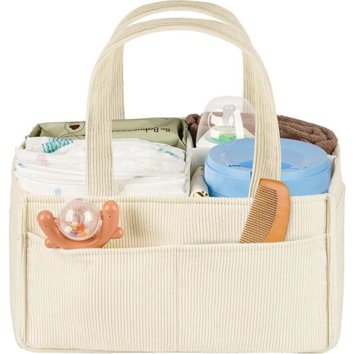 Baby Diaper Caddy Organizer - Portable Nursery Storage Basket for Newborn Essentials, Foldable Diaper Bag Organizer for Baby Shower Gifts and Registry Must-Haves, Car Organizer with Dividers (Beige)