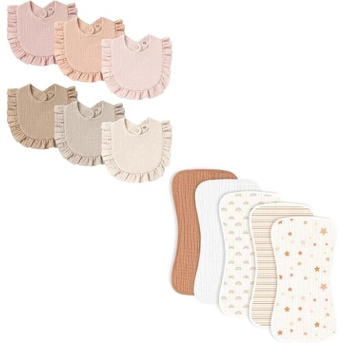 6 Pack Baby Muslin Bibs Bandana Drool Bibs and 5 Pack Muslin Baby Burp Cloths for Unisex Boys & Girls