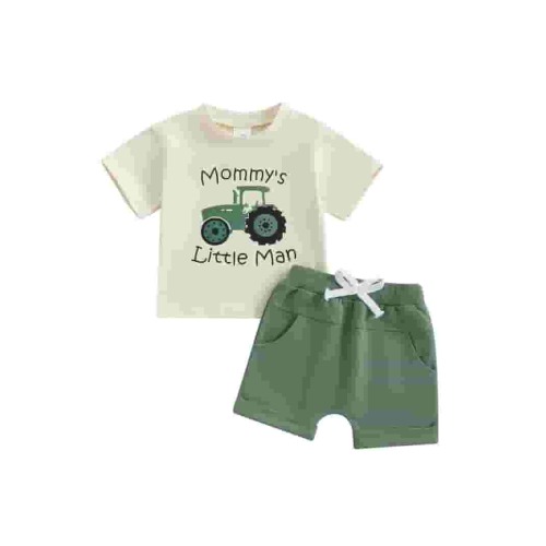 Toddler Baby Boys Summer Shorts Outfits Sets 3 6 12 18 24 Months 2T 3T Tractor Letter Print Short Sleeve Round Neck Tops Elastic Waistband Shorts Clothing Set