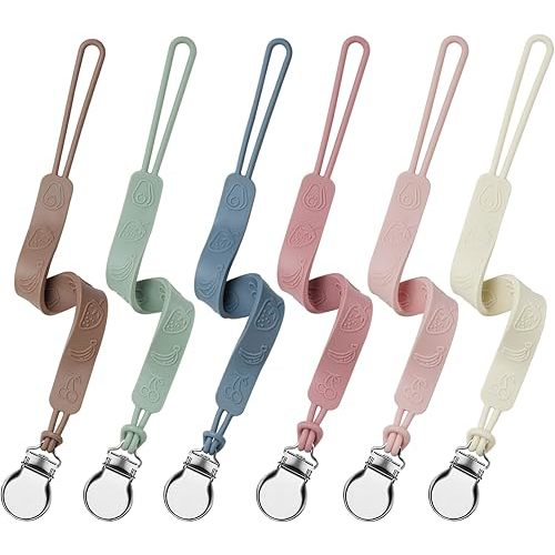 6 Pack Silicone Pacifier Clip, Seposeve Baby Pacifier Teether Clip with 4 Texture, Soft Flexible Silicone Pacifier Leashes & Cases for Boy and Girl, Keeps Pacifier Clean, 6 Colors