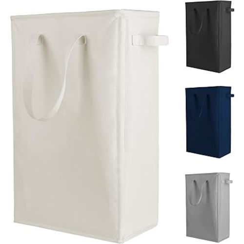 Odonata Slim Laundry Hamper Handles Collapsible Laundry Basket Thin Dirty Clothes Basket Narrow Laundry Bag Foldable Dirty Hamper 45L (Beige)