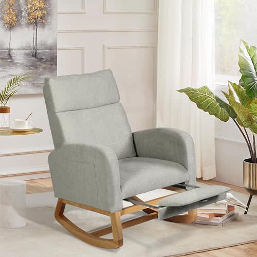 HXZDZ Rocking Chair Nursery, Glider Rocker Chair w/Retractable Footrest & High Backrest, Teddy Upholstered Rocking Chair w/Side Pockets, Modern Accent Chair for Living Room/Bedroom, Grey