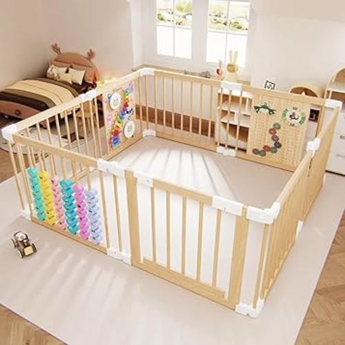 Baby Playpen - Adjustable Multi-Shape Wooden Play Yard, Portable Collapsible Activity Center with Baby Fence Play Area & Toys for Infants, Toddlers (56x56x24inch