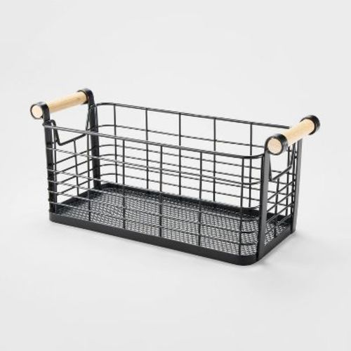 13.75" X 6" X 6" Small Rectangular Wire Natural Wood Handles Basket Black - Brightroom™: Metal Storage, Powder-coated