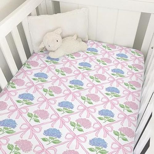 Blue Pink Hydrangea Bows Baby Crib Sheets for Girls Pastel Hydrangea Flowers Pink Ribbon Soft Snug Fitted Crib Mattress Covers Fit 52''x28'' Standard Crib & Toddler Mattress Garden Bloom Bed Sheets