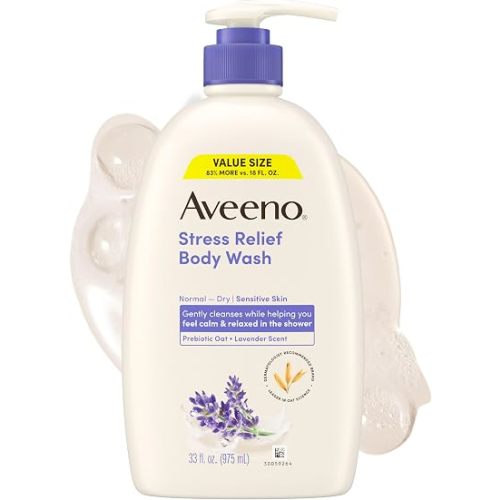 Aveeno Stress Relief Body Wash, Lavender Scent with Nourishing Prebiotic Oat, Sensitive Skin Body Wash for Normal to Dry Skin, Paraben-, Dye-, and Soap-Free, Value Size 33 Fl Oz
