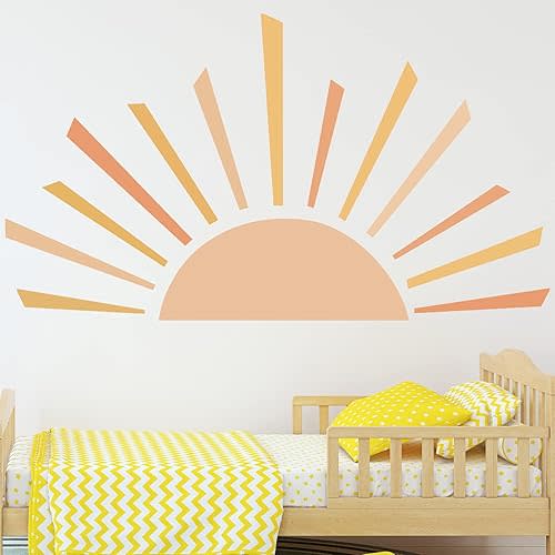 ECam Half Sun Wall Decal, Boho Decals, Sunshine Large Stickers, Vinyl Peel and Stick Stickers for Kids Bedroom Nursery Playroom Classroom Decor (59 x 34 inch)