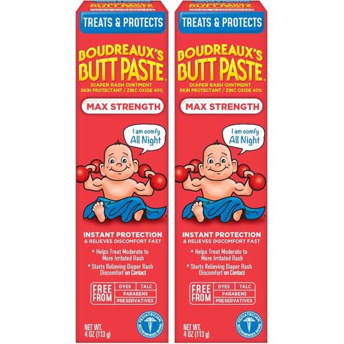 Boudreaux's Butt Paste Maximum Strength Diaper Rash Cream, Ointment for Baby, 4 oz Tube (Pack of 2)