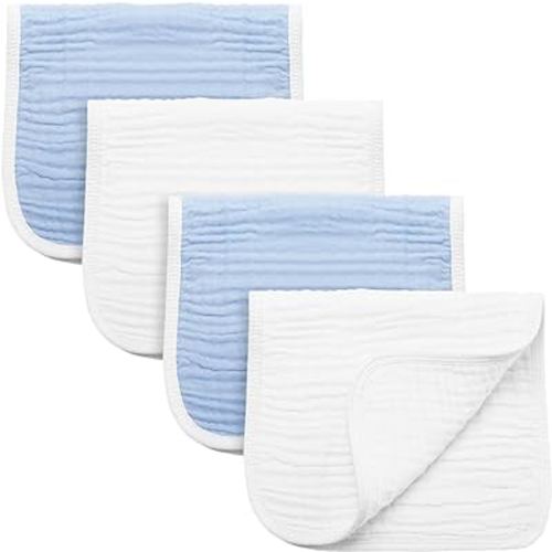 Synrroe Burp Cloths Large, Muslin Burp Cloths for Baby Girls and Boys, Pack of 4 Extra Absorbent and Soft Muslin Bibs, 6 Layers 20 by 10 Inches 100% Cotton (Blue-White 4 Pack)