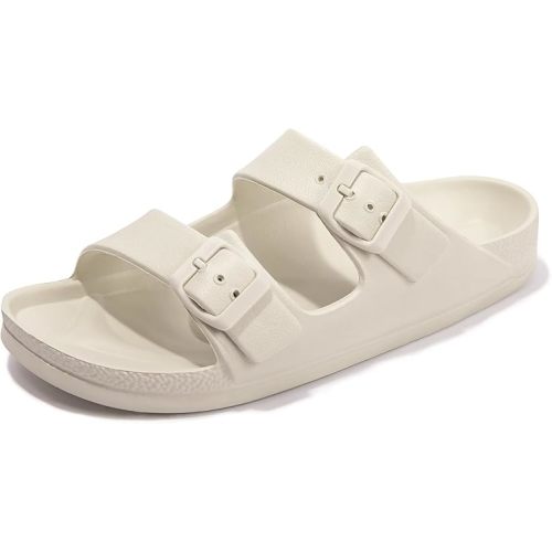 FUNKYMONKEY Women's Comfort Slides Double Buckle Adjustable EVA Flat Sandals