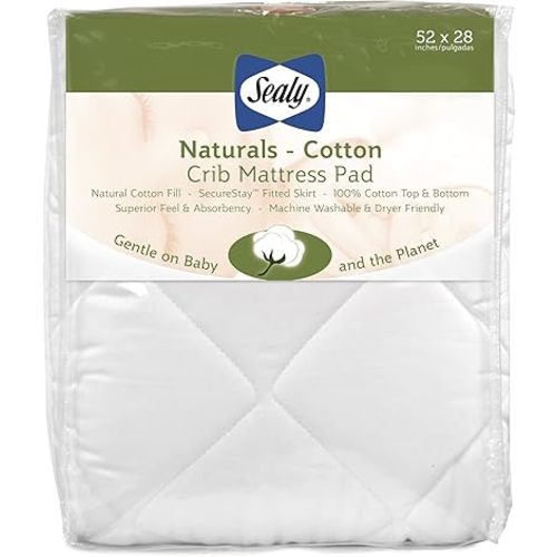 Sealy Baby Naturals Cotton Fitted Waterproof Baby Crib Mattress Protector, Crib Mattress Topper, Crib Mattress Pad, Toddler Bed Mattress Protector, Machine Washable/Dryer Friendly, 52” x 28”- White