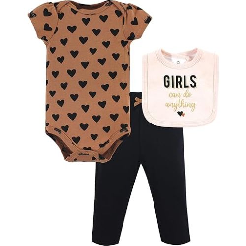 Hudson Baby Unisex Baby Cotton Bodysuit, Pant and Bib Set, Cinnamon Hearts, 0-3 Months