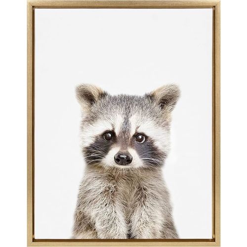 Kate and Laurel Sylvie Raccoon Portrait Framed Canvas Wall Art by Amy Peterson, 18x24 Gold, Adorable Animal Home Decor
