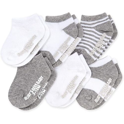 Burt's Bees Baby Baby Socks, 6-Pack Ankle Or Crew with Non-Slip Grips, Made with Organic Cotton - 0-3 Months - Heather Grey Multi