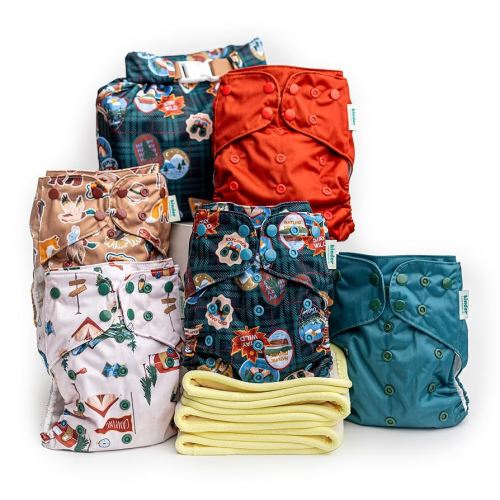Big Adventure Kinder Cloth Diapers Set of 5 Reusable Baby Diapers Pocket Style Athletic Wicking Jersey, Bamboo Viscose Inserts, Wet Bag, Newborn to Potty Training 7-60lbs, Outdoors Nature Camping