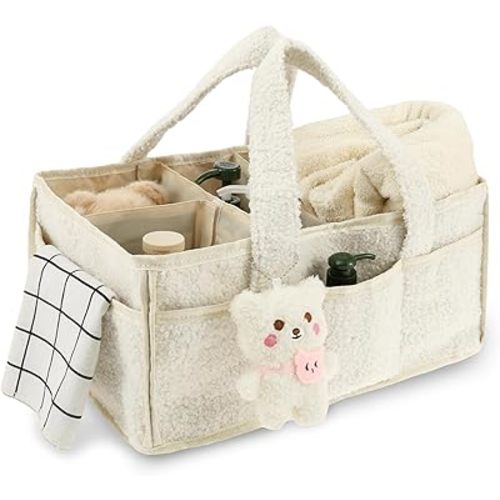 Baby Diaper Caddy Organizer with Handle - Portable Nursery Basket - Car Diaper Organizer, Cleaning Caddy(White)