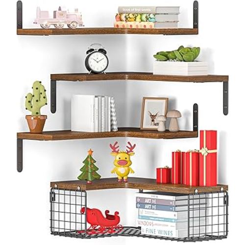 4+1 Corner Floating Shelves with Wire Storage Basket, Corner Wall Shelves Rustic Wood for Bathroom, Kitchen, Bedroom, Living Room, Office, Corner Shelf Wall Mounted Dark Brown