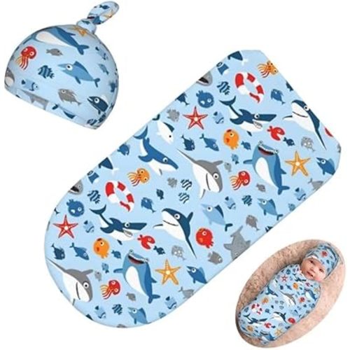 Cartoon Sharks Ocean Newborn Swaddling Blanket Beanie Hat Sets Soft Baby Receiving Funny Blanket Soft Sleeping Bag New Born Soft Sleep Sacks for Boys Girls