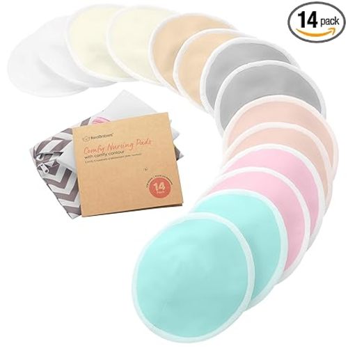 Organic Nursing Pads - 14 Washable Breast Pads for Breastfeeding, Wash Bag, Viscose Derived from Bamboo Reusable Nipple Covers for Breastfeeding Essentials, Soft & Absorbent (Pastel Touch, L 5")