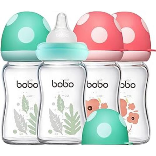 YOHKOH Natural Glass Baby Bottle with Natural Response Nipple, Newborn Anti-Colic Baby Bottles, Wide Neck Mushroom Cap Baby Bottle, Clear ((5.4oz (Pack of 4), Multicolour)