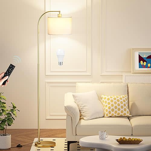 Arc Floor Lamp with Remote and Stepless Dimmable Bulb, Colors Temperature & Brightness Adjustable, Gold Floor Lamps for Living Room（White Shade & Gold Pole）