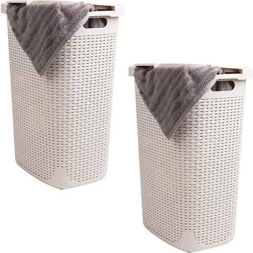 Mind Reader 60L Slim Laundry Hamper, Clothes Basket, Lid, Wicker Style, Plastic, 17.65"L x 13.75"W x 24.15"H, Set of 2, Ivory