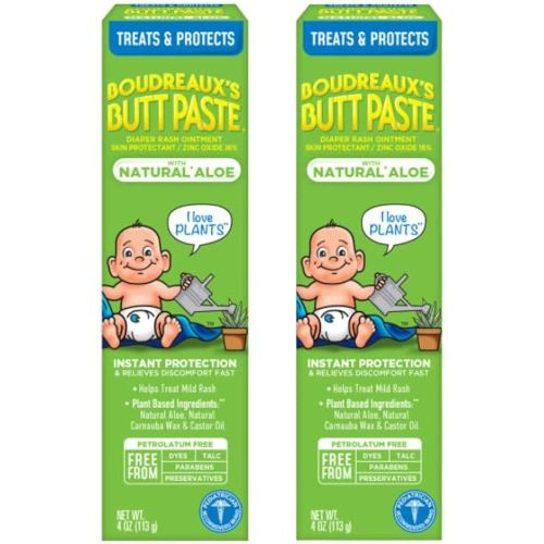 Boudreaux's Butt Paste with Natural* Aloe Diaper Rash Cream, Ointment for Baby, 4 oz Tube, 2 Pack