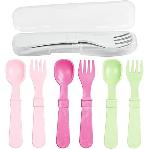 Re-Play Made in USA Toddler Forks and Spoons, Pack of 8 With Carrying Case - 4 Kids Forks with Rounded Tips and 4 Deep Scoop Toddler Spoons - 0.2" Thick Toddler Utensils with Case, Blossom