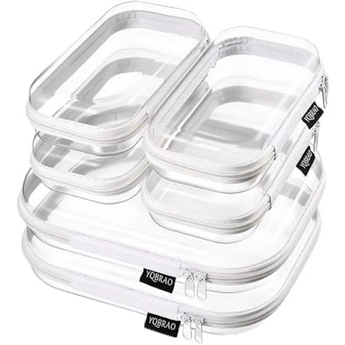 YQBRAO 6 Pack Clear Hard Shell Beauty Organizer (2M+4S), 1.2mm Crush-Proof Cosmetic Case, Reinforced YKK Zippers, Stadium Approved Security Bag for Skincare, Toiletries & Electronics, Multi-Size Set