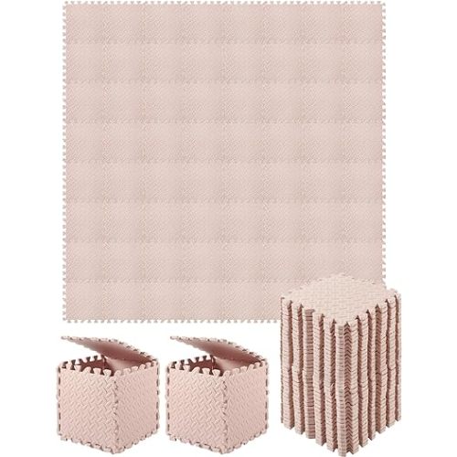 Shihanee 64 Pcs Foam Floor Baby Tiles Foam Floor Mats Play Mats Bulk with Borders Interlocking for Kids Baby Playroom Nursery Gym (Beige, 64ft)