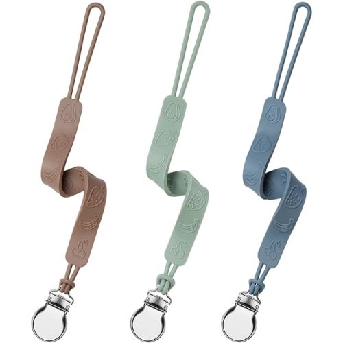 Silicone Pacifier Clip, Seposeve Pack of 3 Baby Pacifier Teether Clip with 4 Texture, Soft Flexible Silicone Pacifier Leashes & Cases for Boy and Girl, Keeps Pacifier Clean, Green Brown Blue