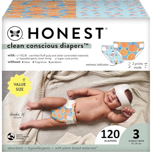 The Honest Company Clean Conscious Diapers | Plant-Based, Sustainable | Orange You Cute + Feeling Nauti | Super Club Box, Size 3 (16-28 lbs), 120 Count - Size 3 (120 Count)