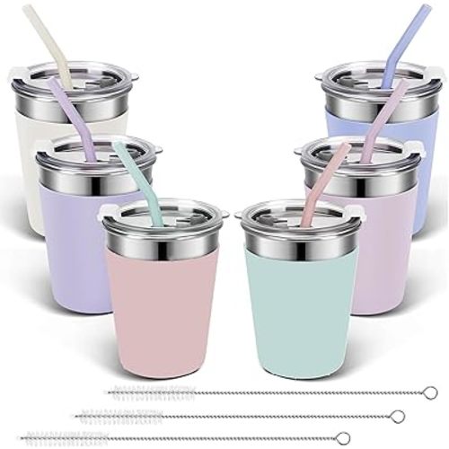 Yummy Sam 6PCS Kids Stainless Steel Cups with Lids, 12oz Spill Metal Tumblers Proof With Silicone Straws, Unbreakable Toddle Cups with Full Wrapped Anti-Scald Sleeves for Hot and Cold Drinks