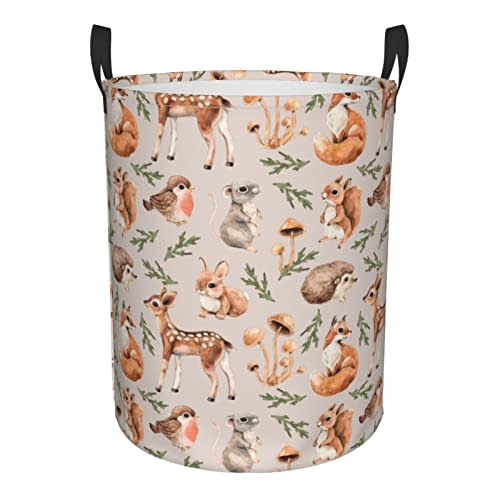 Gbuzozie 38L Round Laundry Hamper Forest Little Animals Storage Basket Waterproof Coating Deer Squirrel Fox Hedgehog Bird Organizer Bin For Nursery Clothes Toys