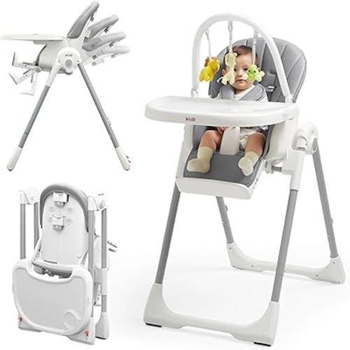 KÜB 3-in-1 Foldable Baby High Chair, 7 Height & 4 Recline Adjustable, Removable Seat & Tray for Easy Clean, 2 Locking Wheels, Multifunctional Infant Highchair for Babies & Toddlers (Grey, with Toys)