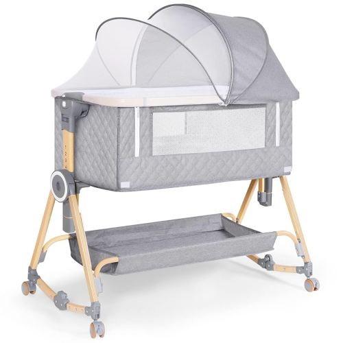 Baby Bassinet 5 in 1,Baby Bedside Bassinet with Diaper Table, Mosquito Net, Mattress, Storage Layer, Can Be Stored in One Button Travel Crib (Gray)