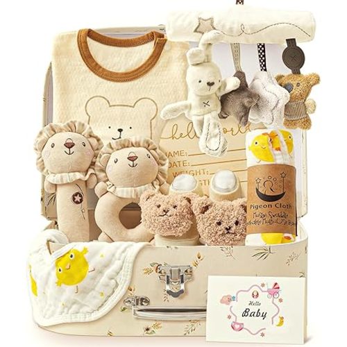 9pcs Newborn Baby Shower Gift Baskets for Boys Girls, 2 Rattle/Seat Hang Toy/Blanket/Onesies/Bib/ 3D Socks/Wood Milestone/Carry Box, Neutral New Born Essential Stuff Unisex Baby Gifts for Boys