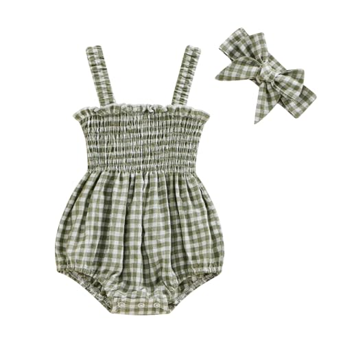 Infant Baby Girl Summer Outfit Clothes Sleeveless Smocked Cotton Linen Romper with Headband
