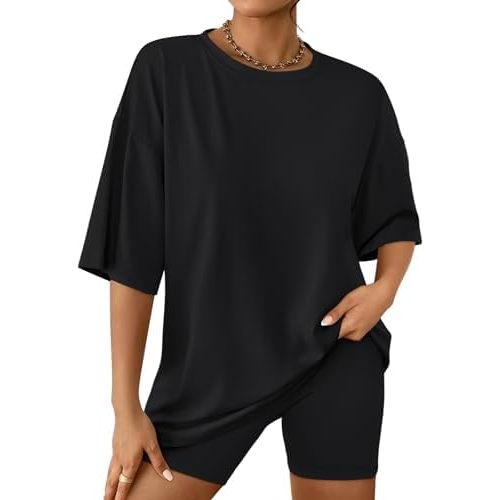 AUTOMET Womens 2 Piece Sets Summer Outfits 2025 Two Piece Lounge Set Matching Clothing Oversized Tshirts Biker Short Fashion