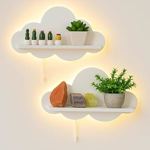 Floating Cloud Wall Shelves 2 Pack, Mini Cloud Floating Shelves for Kids Room Decor, Hanging Display Wall Shelf for Bathroom Livingroom Bedroom, Decorative Cloud Shelf for Toys Plants Books